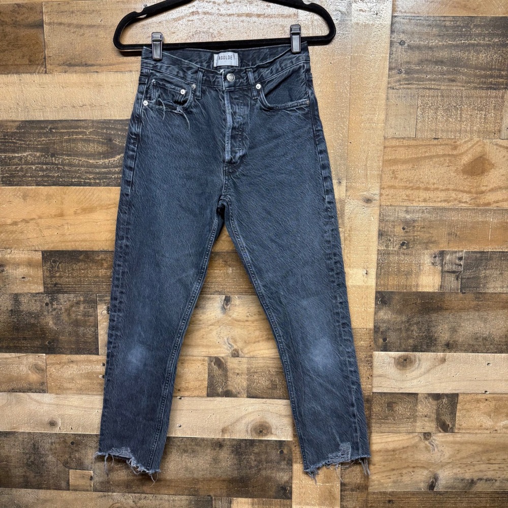 AGOLDE Denimâ High Rise Cropped Jeans Raw Hem Distressed Black Wash Size 24